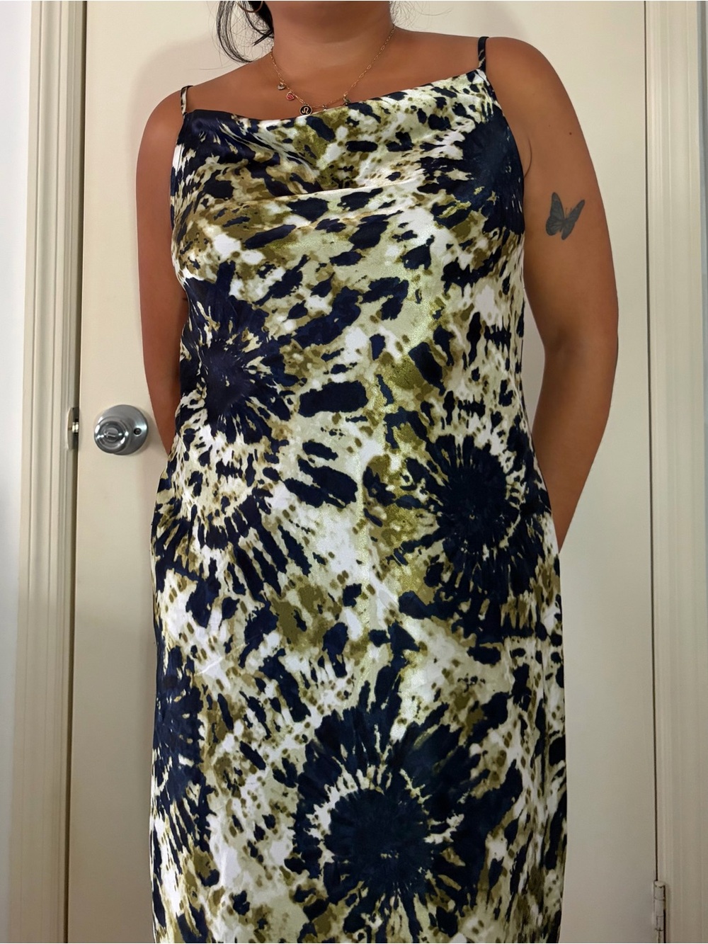Tie-Dye Slip Maxi Dress in Olive, Navy & White